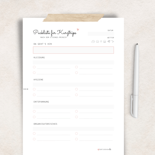 Vorlage: Packliste für Kurztrips (mit 4 Bereichen)