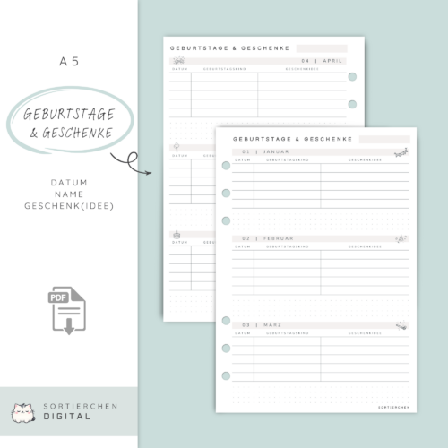 Geburtstags- & Geschenkplaner A5 | PDF Download | Jahresübersicht zum Ausdrucken
