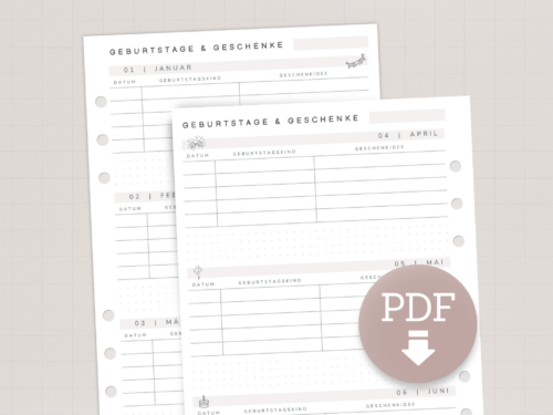 Geburtstags- & Geschenkplaner A5 | PDF Download | Jahresübersicht zum Ausdrucken