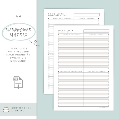 Eisenhower-Matrix Vorlage PDF A4 | Prioritätenmatrix zum Ausdrucken in 4 Farben & neutral | Zeitmanagement-Tool & To-Do-Liste