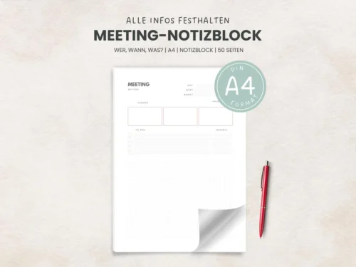 DIN-A4 Meeting-Notizblock, Schreibblock speziell für Notizen in Meetings, mit To Do-Liste und Nachbereitung