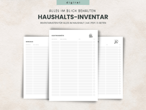 Haushalts-Inventarlisten für 5 Bereiche – Werkzeug, Elektrogeräte… PDF zum Ausdrucken