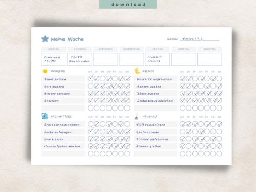 Wochenplan für Kinder – Tagesroutinen & Aufgaben | 3 Farben (Blau, Grün, Lila) | PDF zum Ausdrucken