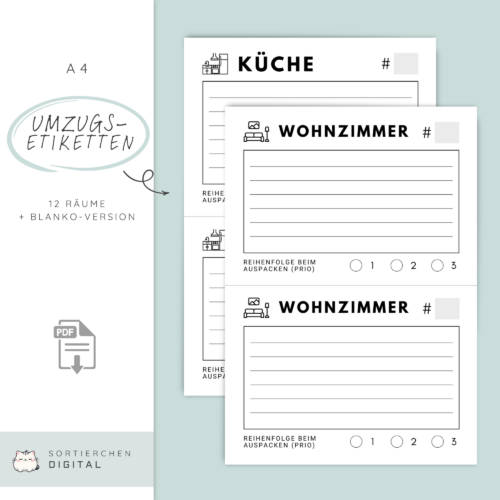 Umzugsetiketten zum Ausdrucken - A4-PDF für 12 Räume mit A5-Etiketten & Auspack-Priorität