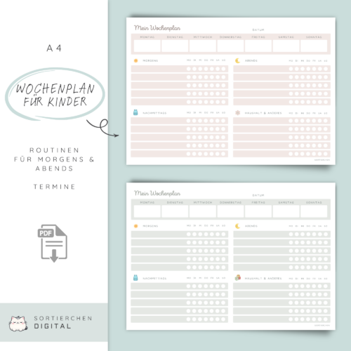 Wochenplan für Kinder - Tagesroutinen & Aufgaben | 3 Farben (Blau, Grün, Lila) | PDF zum Ausdrucken