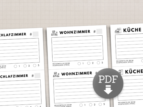 Umzugsetiketten zum Ausdrucken - A4-PDF für 12 Räume mit A5-Etiketten & Auspack-Priorität