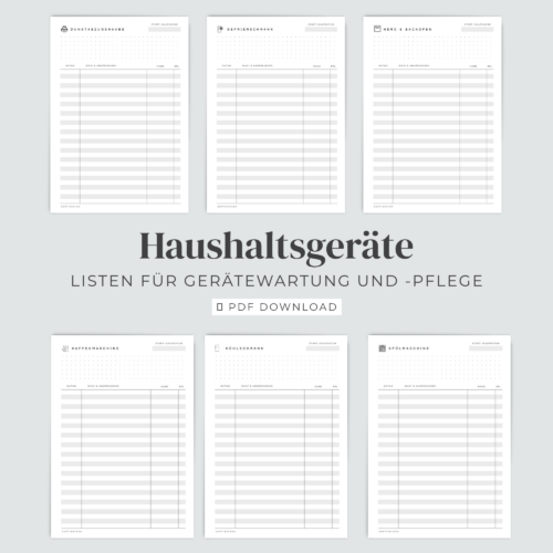 Gerätepﬂege Vorlagen-Bundle A4  | Wartung und Reparatur im Blick | PDF zum Ausdrucken | Für Haushalt, WG & Ferienwohnung