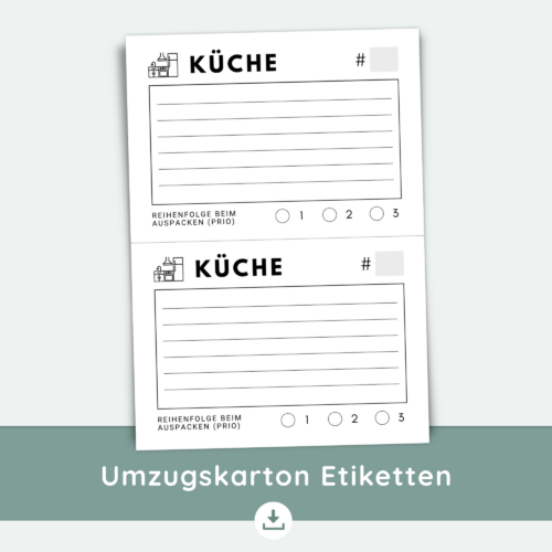 Umzugsetiketten zum Ausdrucken - A4-PDF für 12 Räume mit A5-Etiketten & Auspack-Priorität
