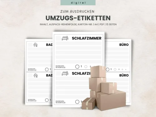 Umzugsetiketten zum Ausdrucken – A4-PDF für 15 Räume mit A5-Etiketten & Auspack-Priorität
