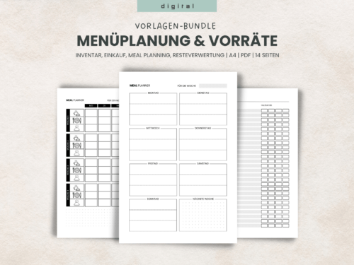 Menüplanung und Vorratshaltung – 14 Listen für Meal Planning, Lebensmittel-Vorratshaltung, Resteverwertung, als PDF in A4