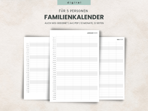 Schlichter Familienplaner oder WG-Planer für bis zu 5 Personen 2025 PDF A4