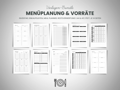 Menüplanung und Vorratshaltung – 14 Listen für Meal Planning, Lebensmittel-Vorratshaltung, Resteverwertung, als PDF in A4