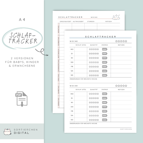 Schlaftracker A4 PDF | Schlafprotokoll für Erwachsene & Babys | Wochenübersicht zum Ausdrucken