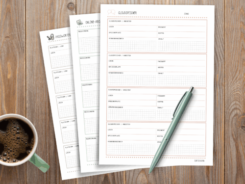 Passwort Liste & Digitaler Organizer | Passwort Tracker PDF | Vorlagen für Abos, Geräte, Cloudspeicher, Social Media | A4 Download