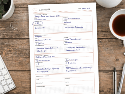 Passwort Liste & Digitaler Organizer | Passwort Tracker PDF | Vorlagen für Abos, Geräte, Cloudspeicher, Social Media | A4 Download