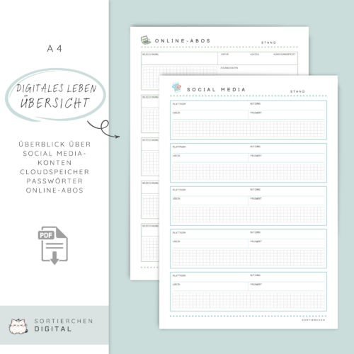 Passwort Liste & Digitaler Organizer | Passwort Tracker PDF | Vorlagen für Abos, Geräte, Cloudspeicher, Social Media | A4 Download