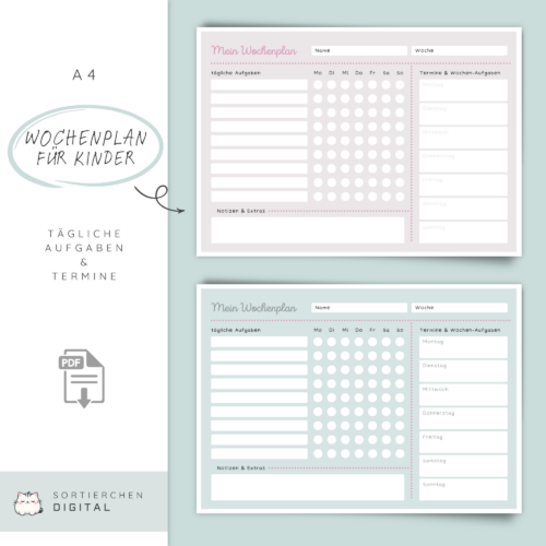 Wochenplan Kinder | Aufgaben & Hausaufgaben Plan | Checkliste Haushalt Familie | PDF A4