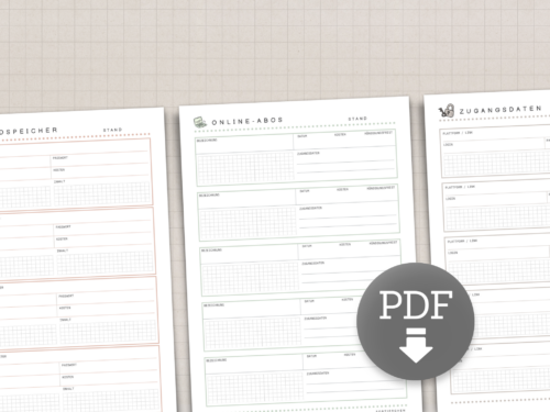 Passwort Liste & Digitaler Organizer | Passwort Tracker PDF | Vorlagen für Abos, Geräte, Cloudspeicher, Social Media | A4 Download