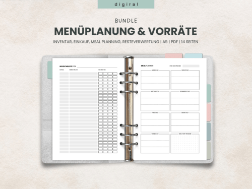 Menüplanung & Vorratshaltung A5 PDF | 14 Listen fürs Meal Planning, Food Inventory, Resteverwertung | Essensplaner Ringbuch Vorlage