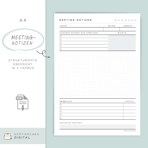 Meeting Notizen Vorlage A4 | PDF Meetingprotokoll | To-Do Liste & Notizen | 5 Farben