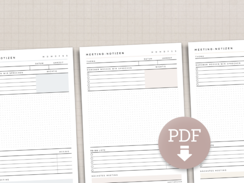Meeting Notizen Vorlage A4 | PDF Meetingprotokoll | To-Do Liste & Notizen | 5 Farben