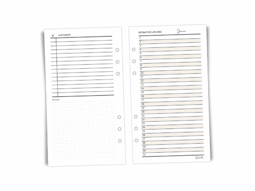A6 Monatsplaner Einlagen Personal | 12 Blatt für 1 Jahr, undatiert | Monatsübersicht mit Rückseite für Aufgaben & Notizen auf 100g Papier