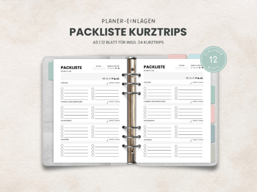 Packliste A5 – 12 Blätter, 6-fach Lochung | Reiseplaner für Kurztrips und Wochenenden