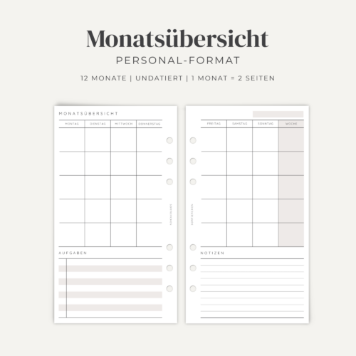 Kalender A6 Personal undatiert | Einlagen Monatsplaner Ringplaner für 1 Jahr | 1 Monat = 2 Seiten 1M2S