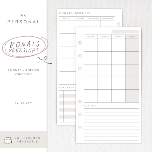 Undatierter A6 Monatsplaner | 24 Blatt Planer Einlagen | Ziele, To-Dos, Monatsrückblick | Minimalistisch & kompakt