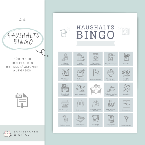 Haushalts-Bingo Set (5 Seiten PDF) - Putz-Challenge für die Familie | Motivation für Kinder & Erwachsene | ADHS-freundlich