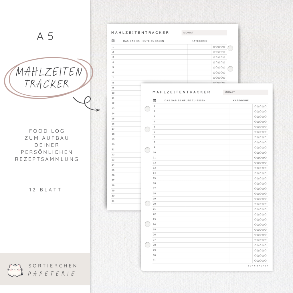 Planer-Einlagen Mahlzeitentracker A5 | Essensübersicht & persönliche Rezeptsammlung | Food Log