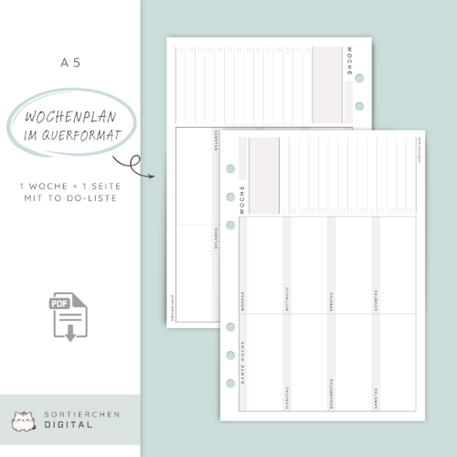 A5 Wochenplaner zum Drucken Querformat | Kalender-Einlagen Wochenplanung | Horizontale Wochenübersicht
