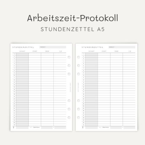 Stundenzettel Einlagen A5 | 12 Seiten mit 6-fach Lochung | Arbeitszeiterfassung für Ringbuchplaner