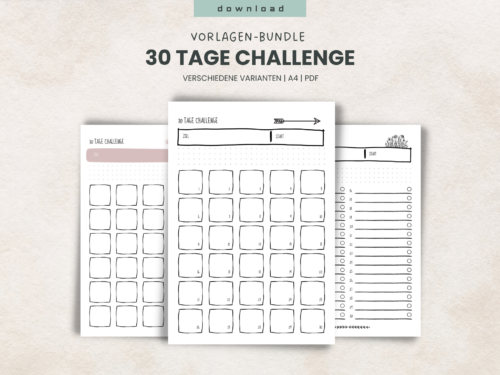 30-Tage-Challenge Vorlagen Bundle A4 zum Download | Verspieltes Printable Set im Doodle-Stil | Undatierte Tracker zum Ausdrucken
