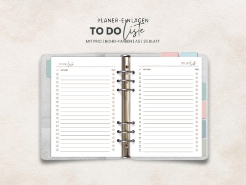 To-Do Liste A5 Planer Einlagen – 25 liebevoll gestaltete Seiten, mit Prioritäten – 90g Papier, gelocht, Boho-Farben & schlicht