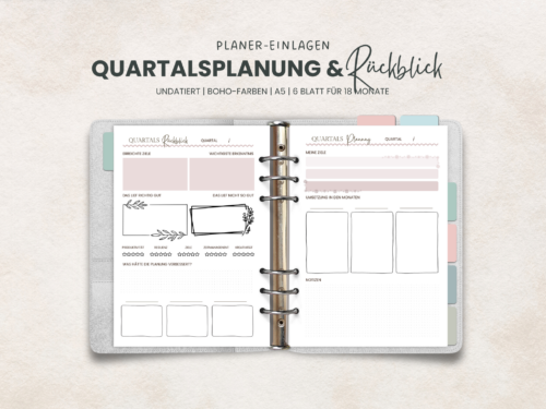 Planer Einlagen A5 – Quartalsplanung & Rückblick | 90g Papier | Boho Farben | 18 Monate | Doppelseitig | Gelocht