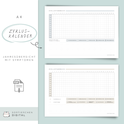 Zykluskalender A4 PDF | Zyklustagebuch | Period Tracker | 2 Varianten | 5 Farben