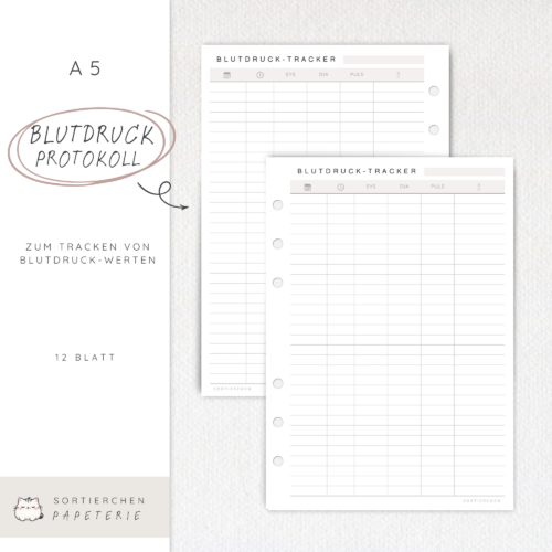Blutdruck Tracker A5 Planer-Einlagen | 12 Blatt für 24 Monate