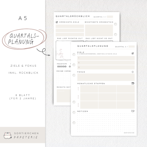 Quartalsplanung Planer-Einlagen A5 | 100g Papier | für 2 Jahre