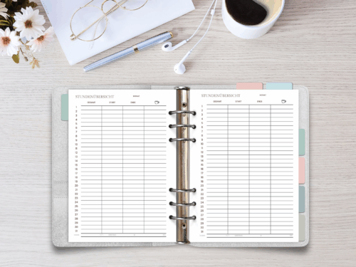 A5 Stundenübersicht Planer-Einlagen | 6-fach gelocht | Zeiterfassung für Freelancer, Minijob, Nebenjob | Monatsübersicht für 2 Jahre | 90g Papier