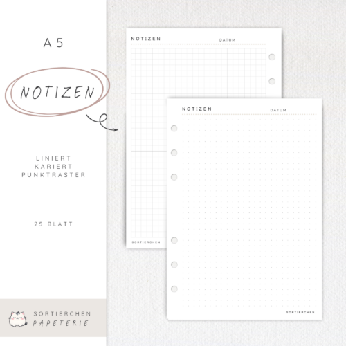 Notizpapier A5 | 25 Planer-Einlagen | liniert, kariert oder Punktraster | 100 g Papier