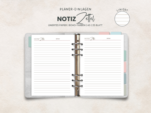 Notizpapier A5 liniert | Boho-Farben | 25 Blatt | mit Datum & "Notizzettel"-Kopf