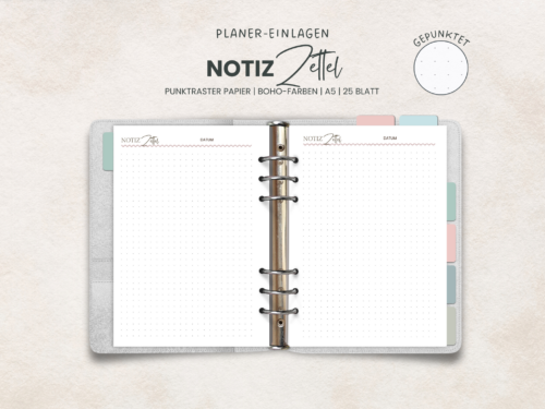 Notizpapier A5 mit Punktraster | Boho-Farben | 25 Blatt | mit Datum & "Notizzettel"-Kopf