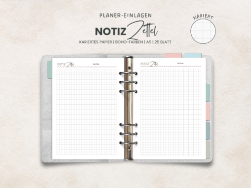 Notizpapier A5 kariert | Boho-Farben | 25 Blatt | mit Datum & "Notizzettel"-Kopf