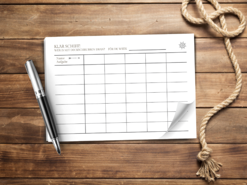 Putzplan A5 quer – „Klar Schiff!“ – Plattdeutsch, 50 Blatt, Wochenplan für 5 Personen, Haushalt, WG, Familie, maritim, Anker Design
