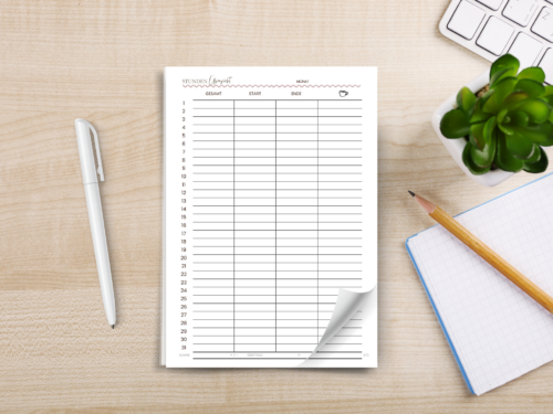 Monatliche Stundenübersicht – strukturierter Notizblock A5 mit Boho-Farben