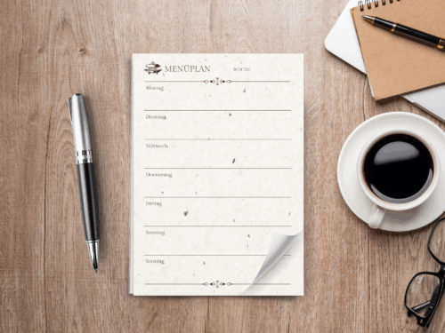 Menüplaner Notizblock aus Graspapier A5 – 25 Blatt | Wochenplan Mo-Fr | Vintage-Stil | Nachhaltig & natürlich