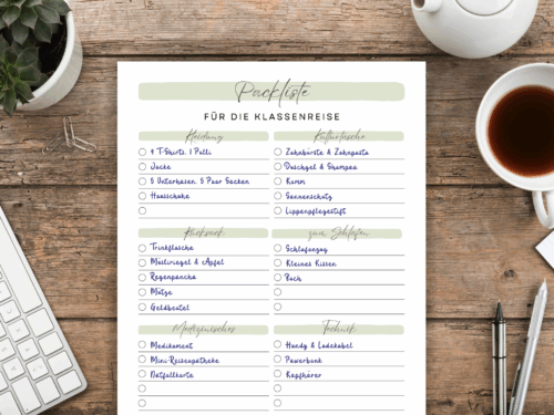 Packliste Klassenreise zum Ausdrucken (PDF) – 6-seitige Vorlage in 2 Farben, mit & ohne Kategorien