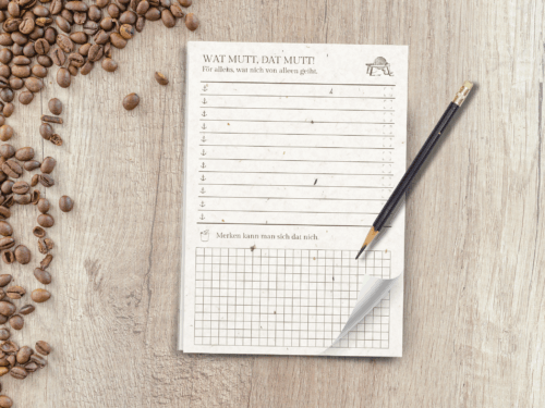 To Do Liste A5 – Plattdeutsch „Wat mutt, dat mutt!“ – Vintage Look auf Graspapier mit Notizfeld & Häkchen – nordisch, kariert