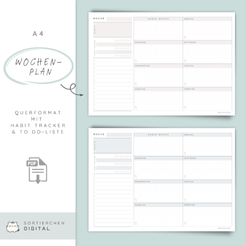 Wochenplaner A4 zum Ausdrucken | Wochenplan mit Habit Tracker, To-Do-Liste & Essensplan | Familienwochenplan Vorlage